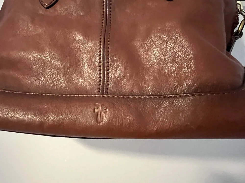Frye Brown Zip Top Satchel Gold Hardware Lined Pockets